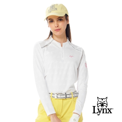 【Lynx Golf】女款吸濕排汗千鳥紋緹花布料LOGO針織帶剪裁設計長袖立領POLO衫/高爾夫球衫-白色
