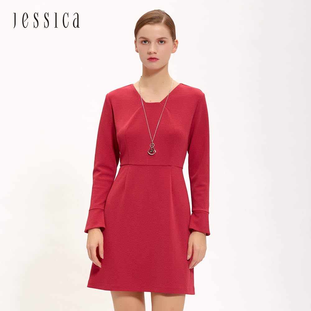 JESSICA - 簡約氣質收腰V領喇叭長袖洋裝（紅）