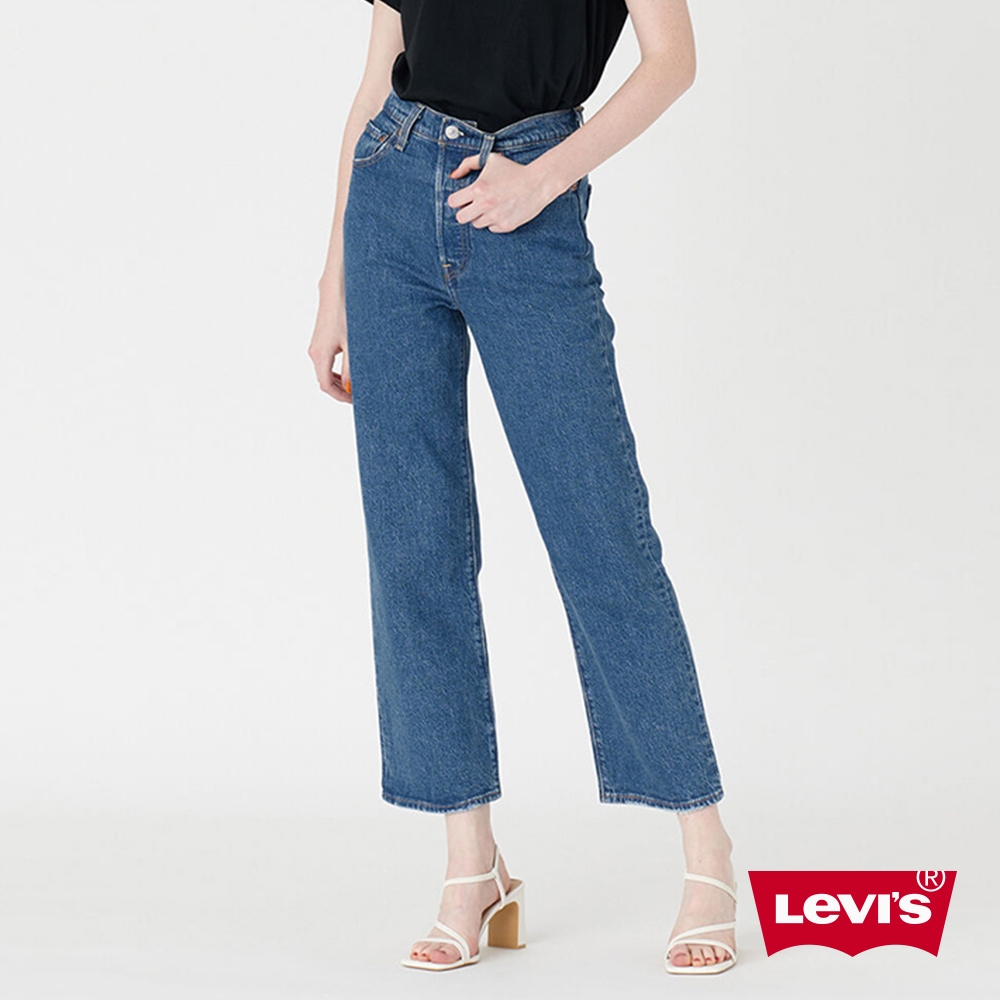 Levis 女款 Ribcage復古超高腰排釦直筒牛仔長褲 / 精工中藍染石洗 / 有機面料 / 彈性布料 / 及踝款