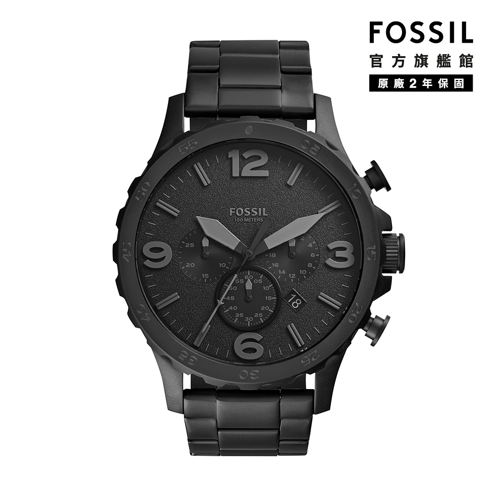 FOSSIL Nate 黑色帥氣不鏽鋼計時男錶 黑色不鏽鋼鍊帶 50MM JR1401