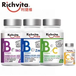 Richvita利捷維 有酵維生素B群+鋅/鐵/B群C (60錠/瓶) 任3瓶 贈維生素C口嚼錠