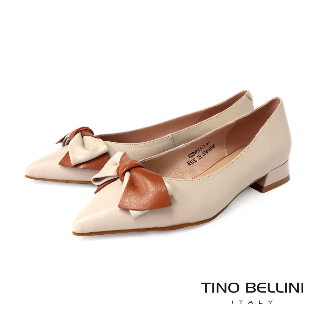 Tino Bellini 羊皮典雅雙色蝴蝶結尖頭低跟鞋-米