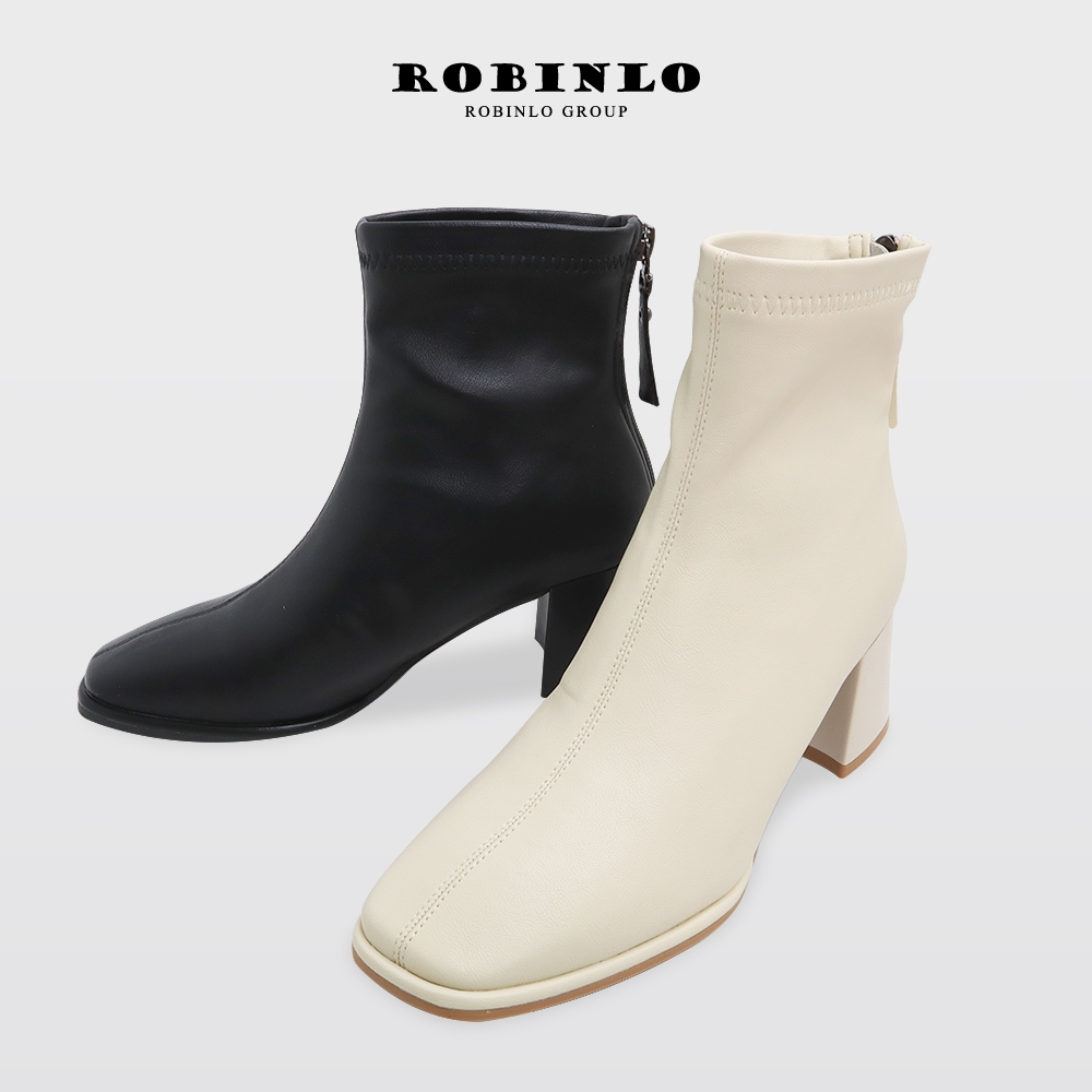 Robinlo率性中線造型方頭高跟短靴 黑/米白