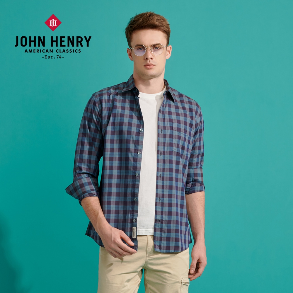 JOHN HENRY 復古格紋長袖襯衫-綠色