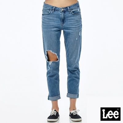 Lee 女款 涼感 401 破洞中腰修身小直筒牛仔褲 淺藍洗水