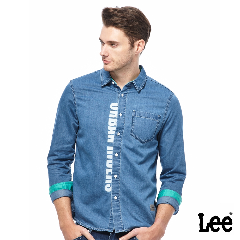Lee 男款 涼感 特色文字長袖牛仔襯衫 中藍洗水｜Urban Riders/Jade Fusion