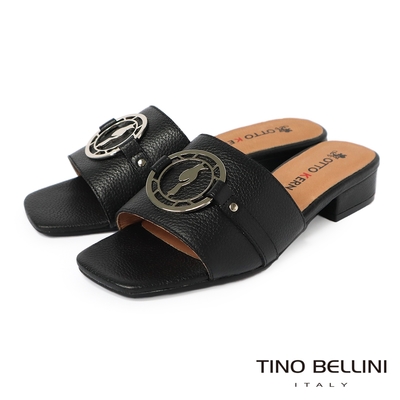 Tino Bellini 時髦寬帶金屬環飾牛皮小低跟涼拖鞋-黑