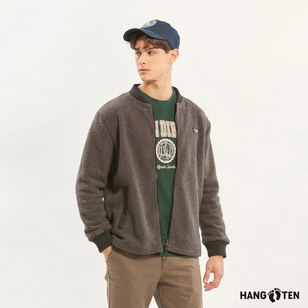 Hang Ten-男裝-恆溫多功能-雪爾帕刷毛保暖口袋撞色棒球外套-深灰