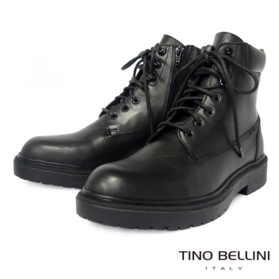 TINO BELLINI 男款牛皮個性風側拉鍊綁帶軍裝靴