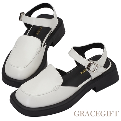 【Grace Gift】大方頭繫踝休閒樂福鞋 米白