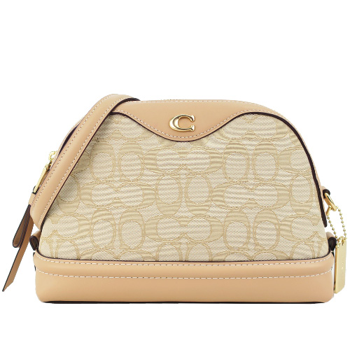 COACH 立體C LOGO緹花皮革拼接斜背包貝殼(膚粉)