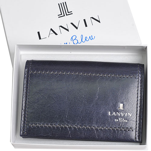 LANVIN en Bleu 品牌經典LOGO圖騰牛皮名片夾(深夜藍/灰線)