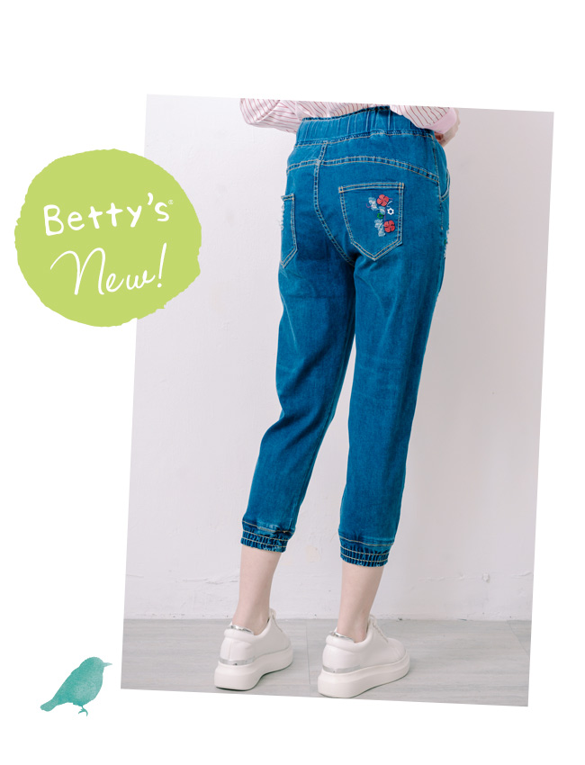 betty’s貝蒂思　腰間褲管鬆緊微抓破刺繡牛仔褲(深藍)