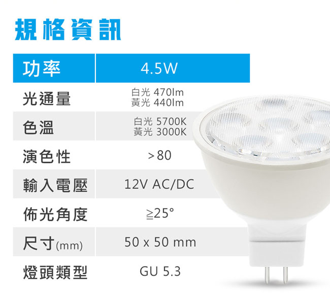 ADATA威剛 新款 LED 4.5W MR16 投射燈/杯燈(白光/黃光)