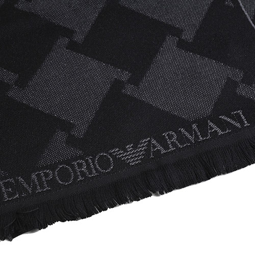 EMPORIO ARMANI 義大利製字母老鷹LOGO圖騰高質感羊毛圍巾(黑色系)