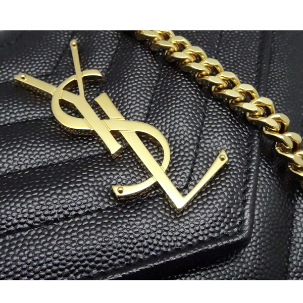 YSL MONOGRAM V字縫線牛皮金鍊斜肩手拿包(黑色)