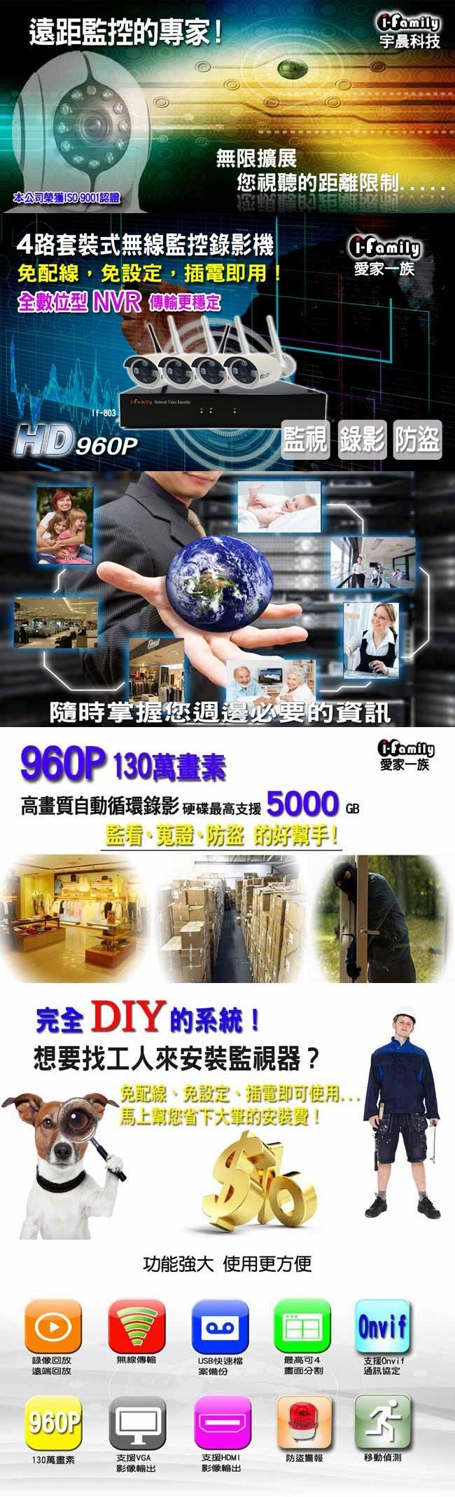 宇晨I-Family免配線/免設定960P四路式無線監視系統套裝一機四鏡