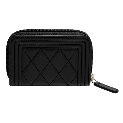 CHANEL BOY系列經典菱格紋小羊皮小香LOGO仿舊金釦拉鍊零錢包(黑)