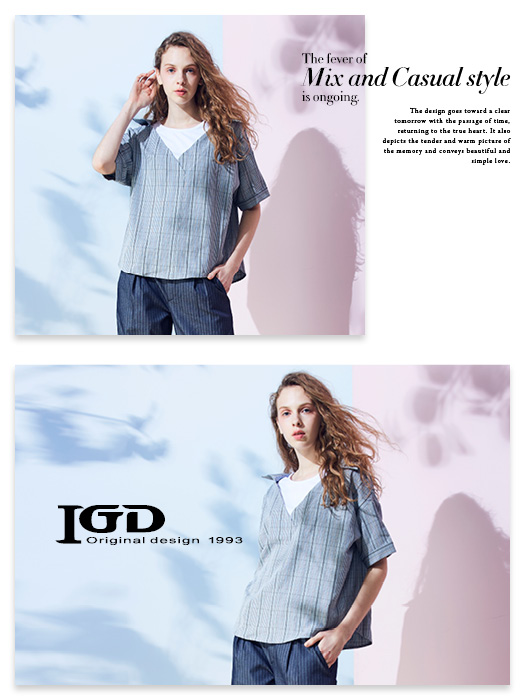 IGD英格麗 假兩件格紋開領上衣-藍