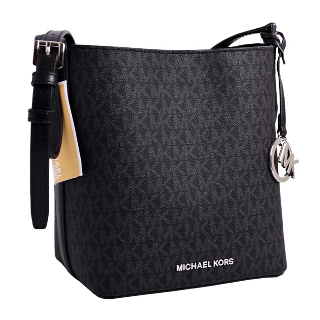 MICHAEL KORS KIMBERLY 銀字LOGO滿版防刮皮革斜背水桶包-黑