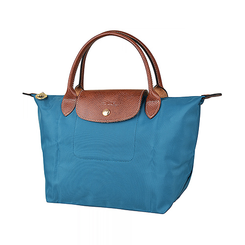 LONGCHAMP LE PLIAGE壓印LOGO短提把尼龍摺疊拉鍊手提包(小/孔雀藍)