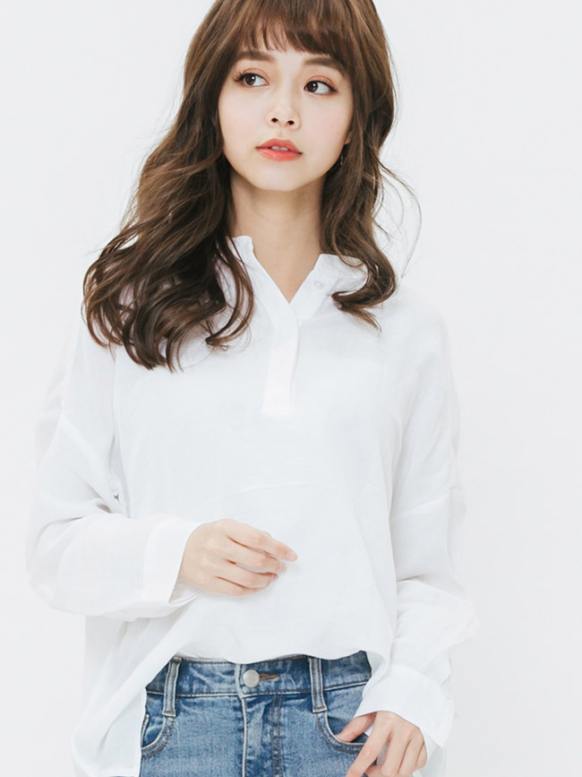 H:CONNECT 韓國品牌 女裝-半開襟純色麻料襯衫-白