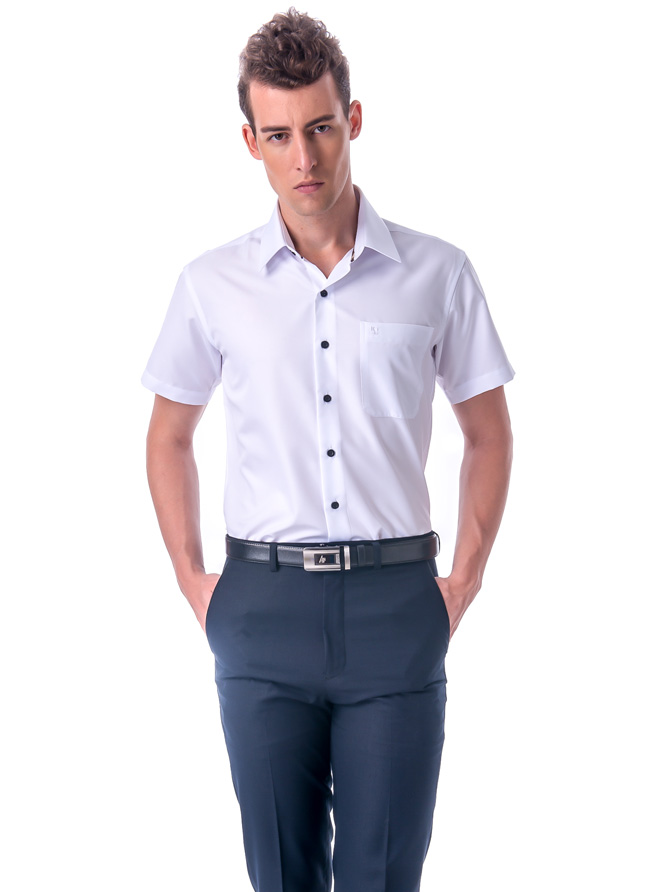 金‧安德森 經典格紋繞領白色細斜紋窄版短袖襯衫