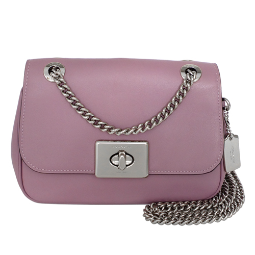 COACH乾燥紫全皮方牌旋釦鍊帶肩背/斜背迷你包