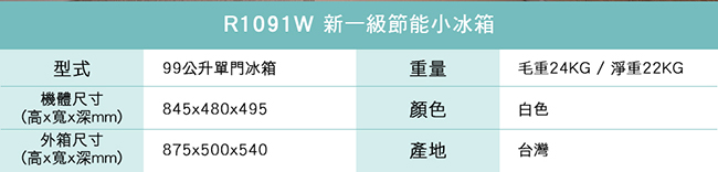 TECO東元 99L 1級定頻單門電冰箱 R1091W