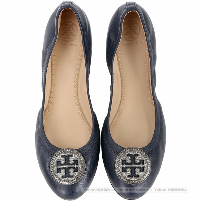 TORY BURCH Liana 鑽飾盾牌納帕皮革娃娃鞋(深藍色)