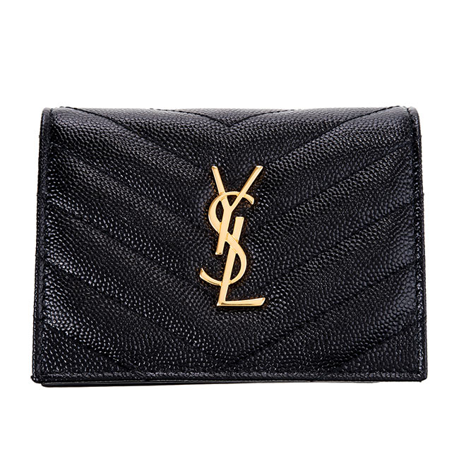 YSL MONOGRAM系列V字金屬LOGO絎縫魚子醬牛皮對折卡夾 (黑色)