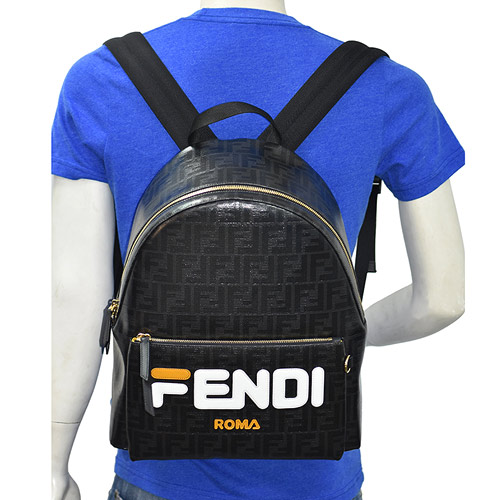 FENDI 釉面緹花Fendi Mania牛皮飾邊帆布拉鍊手提/後背包(黑X白黃)