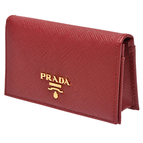 PRADA SAFFIANO METAL經典金屬浮雕LOGO防刮牛皮釦式信用卡/名片夾-紅