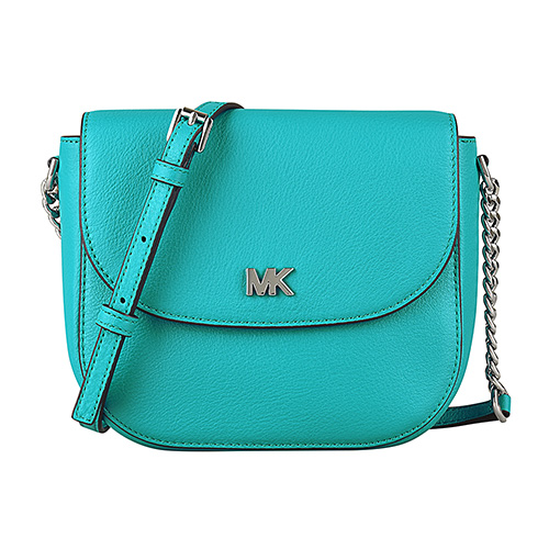 MK MICHAEL KORS MOTT銀字MK金屬LOGO牛皮鏈帶釦式斜背包(土耳其藍)