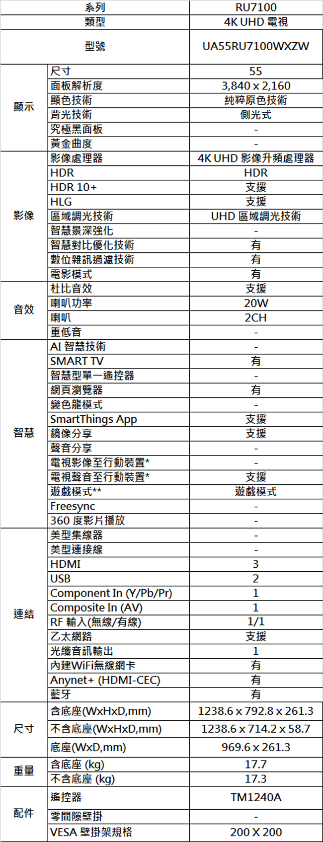 SAMSUNG三星 55吋 4K UHD連網液晶電視 UA55RU7100WXZW