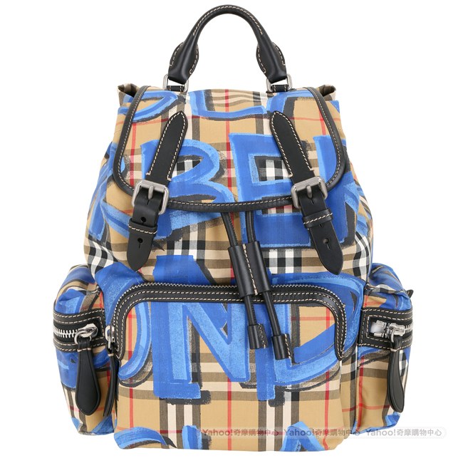 BURBERRY The Rucksack Vintage 中型塗鴉格紋軍旅背包(藍色)