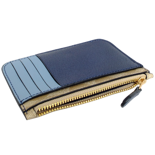 COACH淺卡C Logo撞色水藍皮革卡夾零錢包