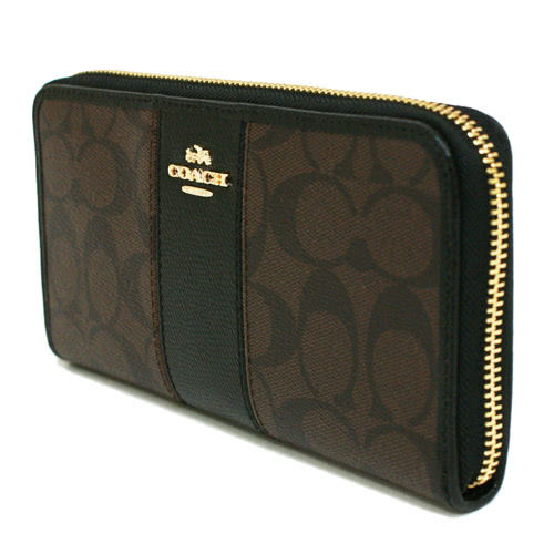COACH 經典C LOGO 直紋ㄇ型拉鍊長夾(深咖)
