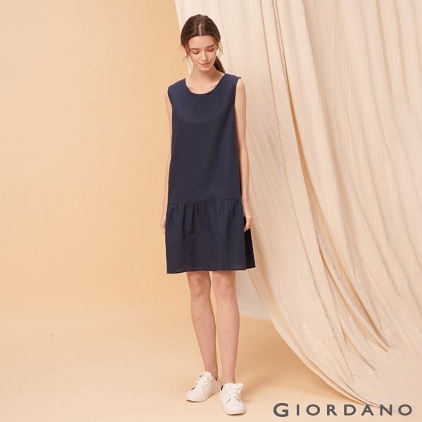 GIORDANO 女裝自然棉麻系列無袖連身裙-66 標誌海軍藍