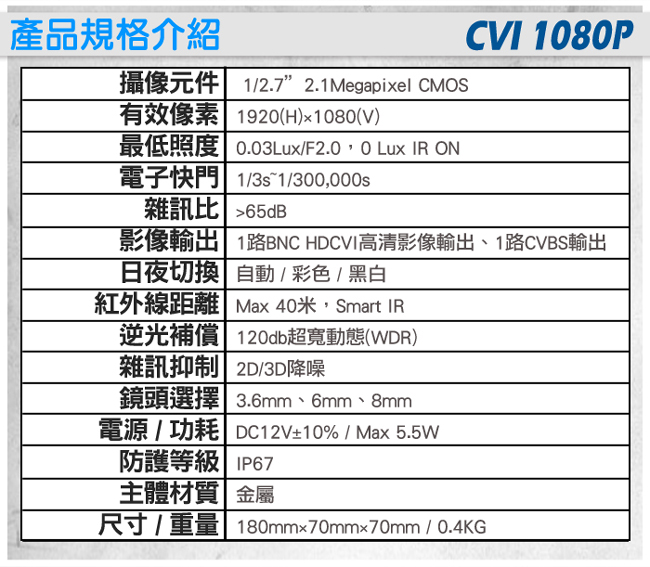 監視器攝影機 - KINGNET 戶外防水槍型 CVI 1080P OSD選單 抗逆光