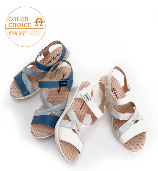 GEORGE 喬治皮鞋 舒適氣墊 真皮交叉帶魔鬼氈厚底涼鞋-米白