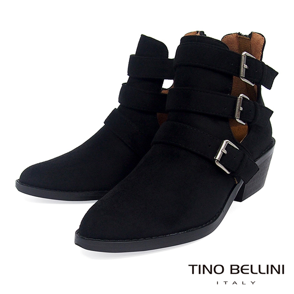 Tino Bellini 雙側鏤空多重釦帶中跟短靴 _ 黑