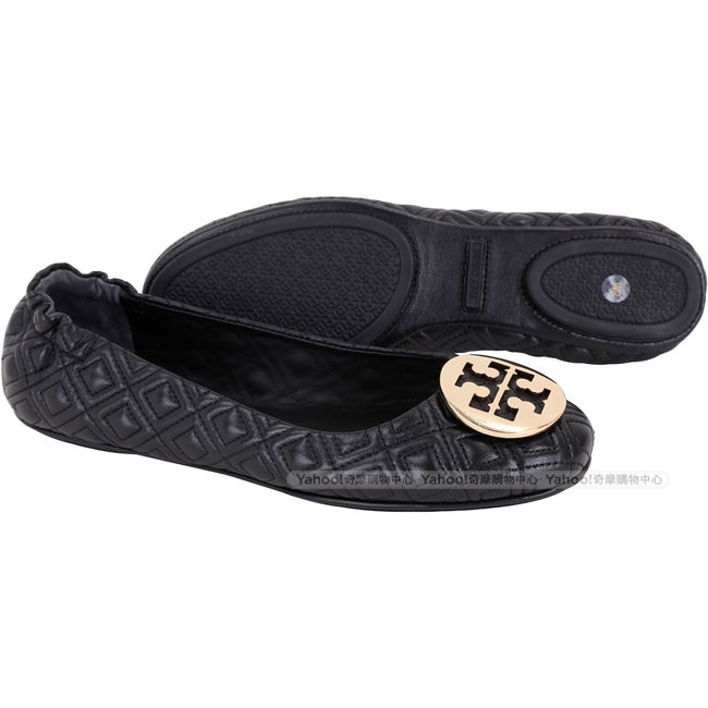TORY BURCH Minnie Travel 金盾牌絎縫菱格折疊平底鞋(黑色)
