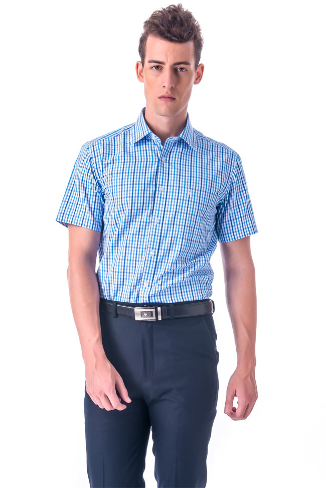 金‧安德森 藍色小格紋窄版短袖襯衫