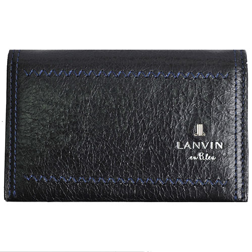 LANVIN en Bleu 品牌經典LOGO圖騰牛皮名片夾(黑/藍線)