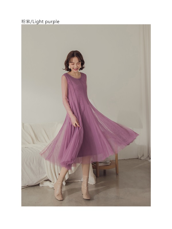 純色修身袖透視紗裙長袖洋裝-OB大尺碼