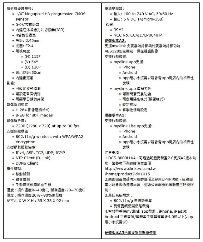 D-Link 友訊 DCS-8000LH HD 超廣角無線網路攝影機