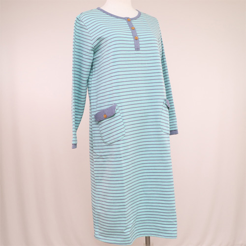 華歌爾睡衣-條紋細磨毛 M-L 長袖睡衣裙裝(藍)舒適睡衣