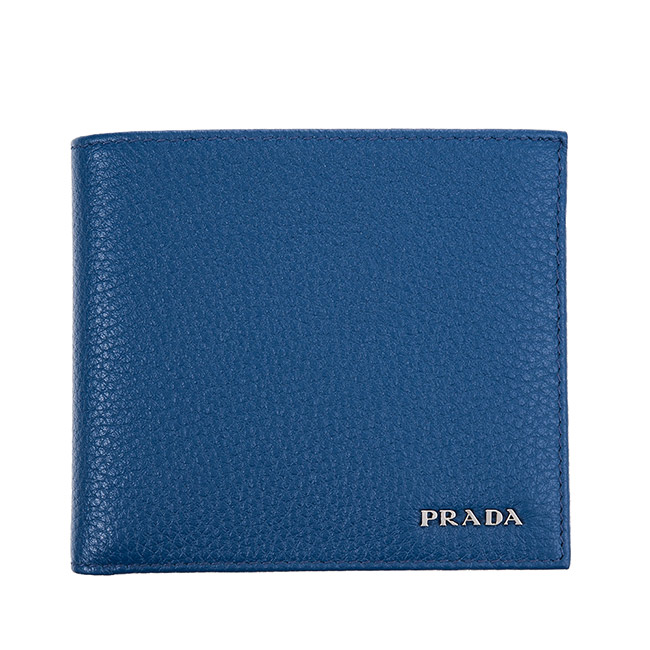 PRADA SAFFIANO METAL系列金屬LOGO荔枝牛皮對折零錢短夾 (藍色)