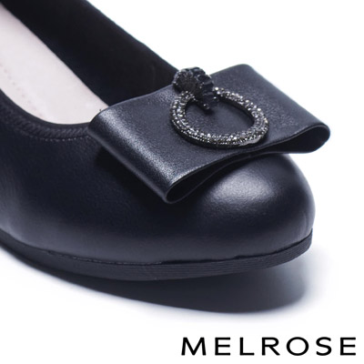 高跟鞋 MELROSE 氣質典雅鑽釦蝴蝶結全真皮楔型高跟鞋－黑